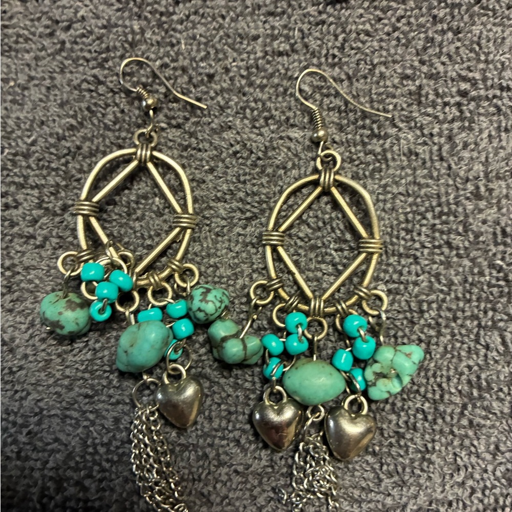 Boho Turquoise Dangle Earrings with Heart Charms - Women Jewelry